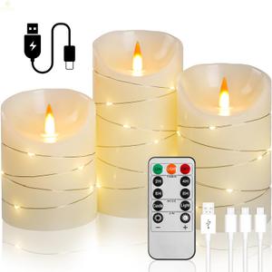 Ivory Rechargeable Flameless LED Candle 3Piece Set (4/5/6 inches)  Real Wax with String Lights, Includes Remote and Timer, Safe and Realistic Flame, for Christmas/Halloween Home Decoration