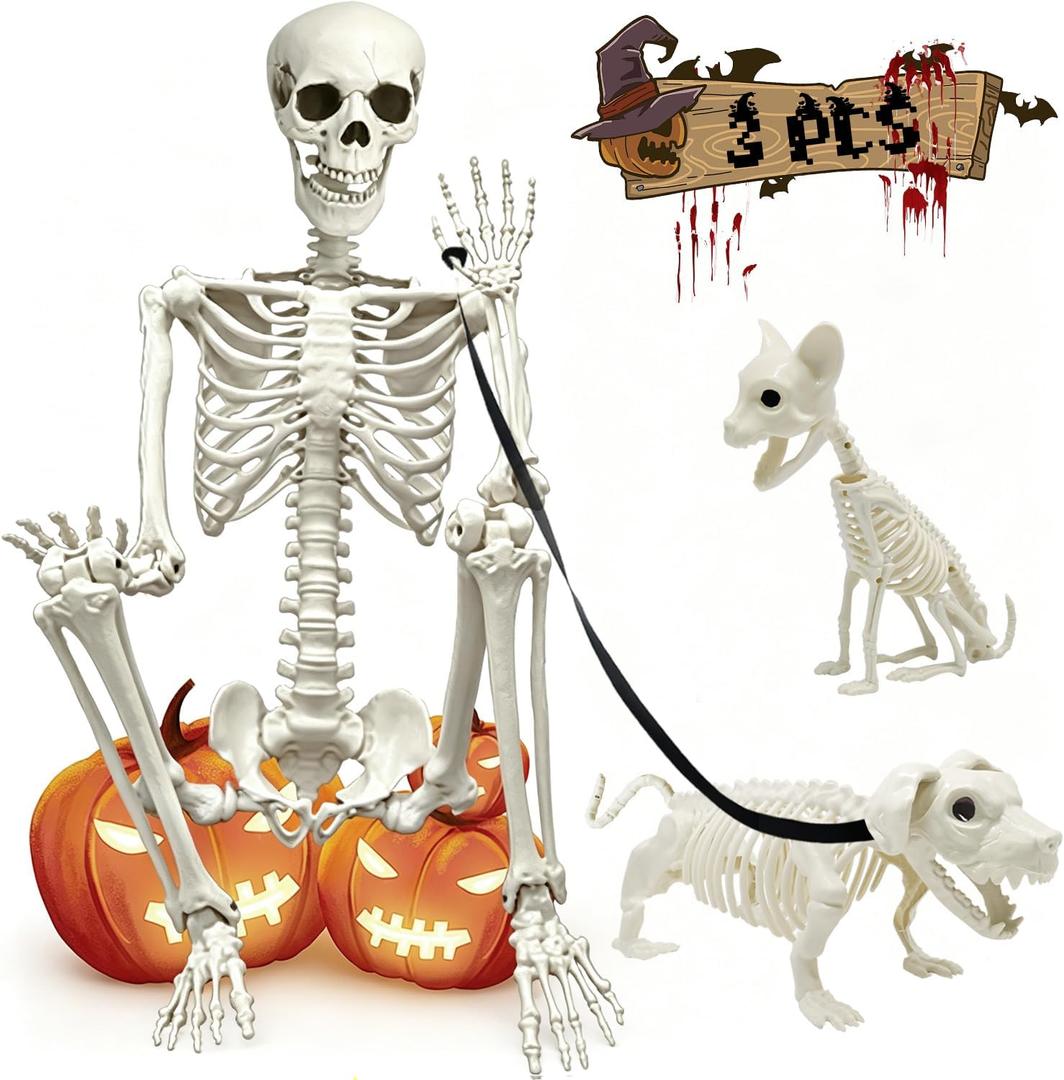 5.4Ft Posable Halloween Skeleton with Dog Cat Skeleton for Halloween Decor, 65IN