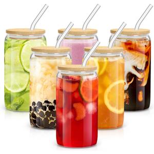 sungwoo 6PCS Glass Cups with Bamboo Lids and Straws, 16OZ Ice Coffee Cup, Drinking Cup set with Wooden Lids, Home Essential Glass Tumblers for Beer, Cocktail, Tea and Latte Clear