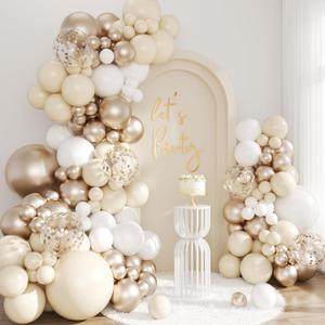 White Sand Champagne Gold Balloon Arch Kit, 143Pcs Metallic Champagne Gold Neutral Balloons Garland Arch Kit Confetti Balloons for First Communion Anniversary Engagement Wedding Birthday Decorations
