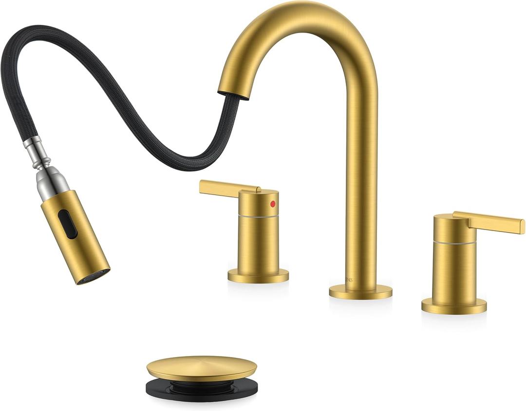 KENES Brushed Gold Pull Down Bathroom Faucet, 8 Inch 2 Handle Widespread Bathroom Faucet 3 Hole with Pull Out Sprayer, Bathroom Sink Faucet with Pop Up Drain & Supply Lines LJ-9068-4