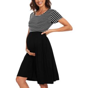 Women's Short Sleeve Maternity Dress Patchwork Pregnancy Clothes with Pockets (XX-Large)