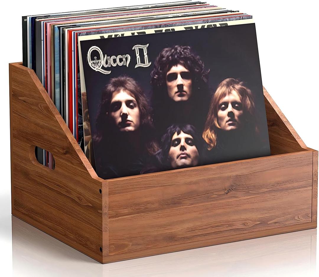 Wood Vinyl Record Storage, Retro & Durable Vinyl Crate and Record Holder, Album Storage Record Case Box for 60+ Records, Perfect Record Organizer for Home Decor and Collection Display (Brown)