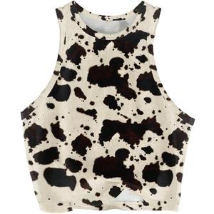 Women's Cow Print Tank Top Sleeveless Crewneck Fitted Crop Tops Summer Cowgirl Vest (L)