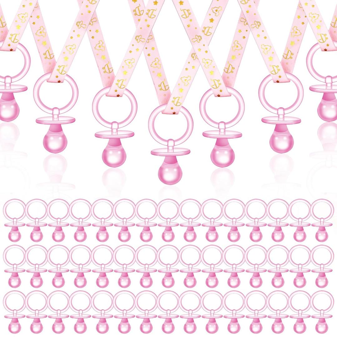 60 Pcs Gender Reveal Party Necklace Charms, Pink Pacifier-Shaped Acrylic Shower Decorations for Adults