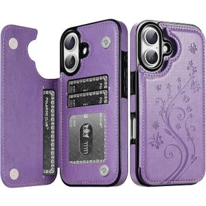 Korecase Compatible with iPhone 16 Wallet Case with Card Holder,Butterfly Double Magnetic Back Flip PU Leather Kickstand Card Slots Cover for Girls Women for iPhone 16 (6.1")-Purple