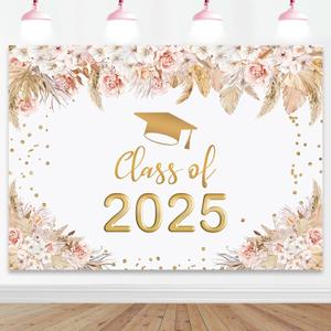 Mocsicka 2025 Graduation Backdrop 7x5ft Boho Floral Congrats Grad Class of 2025 Background Pampas Grass Gold Dots Graduation Party Decorations Photography Background
