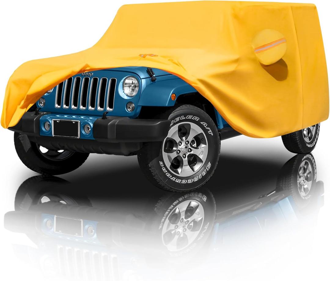 Heavy Duty Jeep 4dr Car Cover, Custom Fit Jeep Wrangler Unlimited 4 Door JK JL Rubicon/Sahara,etc Waterproof All Weather for Automobiles, Full Car Cover - Sun, Rain & UV Protection (Yellow)