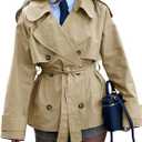 Lingswallow Cropped Trench Coat for Women Double Breasted Lapel Short Jacket Crop Coats with Belt (Medium, Beige)