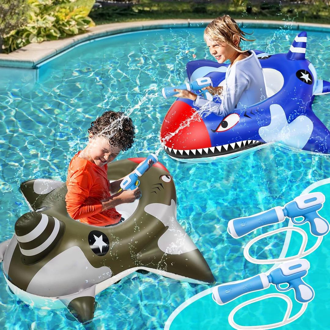 AMENON 2 Pack Shark Battle Pool Floats with 2 Water Guns for Kids Ages 3-11, Toddler 40-Inch Extra-Large Inflatable Water Toys for Boys Girls Swimming Pool Party