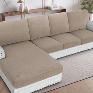 H.VERSAILTEX Sectional Couch Covers 8 Pieces Stretch Sofa Covers for Sectional Sofa Set Separate L Shaped Couch Cover for Both Left/Right Couch (Seat and Back: 1 Chaise + 3 Sofa, Sand)