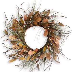 26 Inch Fall Wreath for Front Door Pip Berry Pinecone Autumn Wreath with Pine Needle and Magnolia Leaves, Large Grapevine Wreaths for Fall Door Decor Farmhouse Wall Window Home Decoration (Pinecone Wih Dark Leaf)