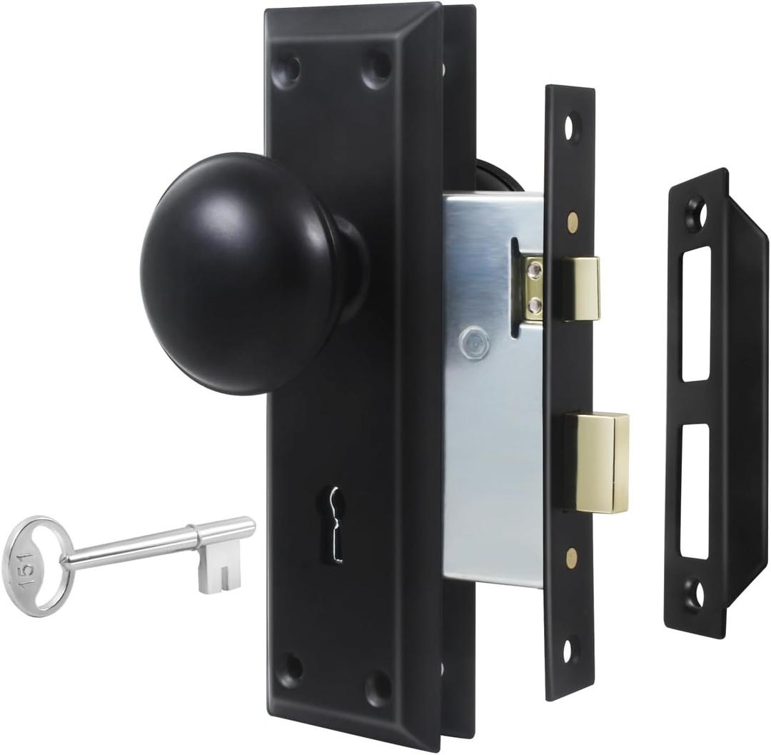 Mortise Lock Set for Interior Door, Vintage Old Door Knobs with Lock and Skeleton Key, Antique Door Knobs Matte Black Finish