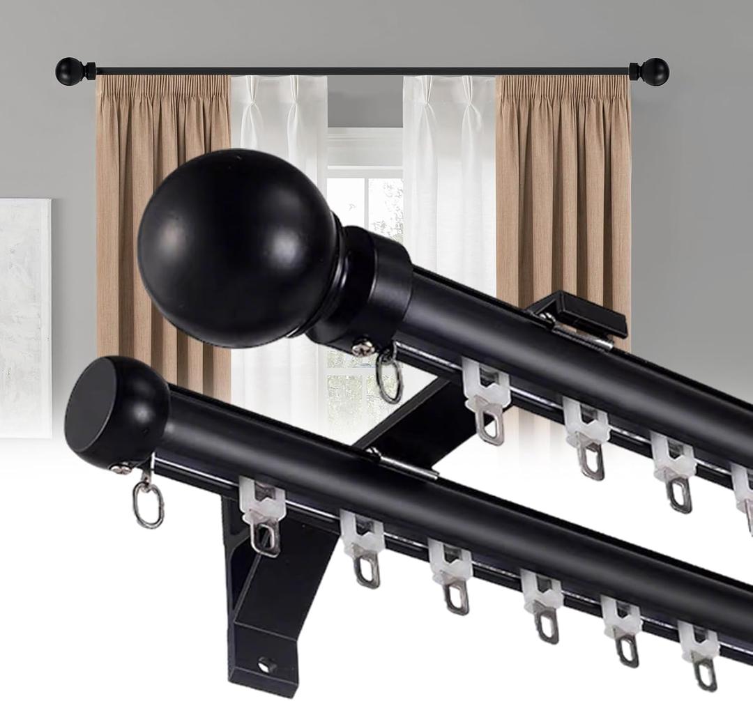 Double Curtain Rods for Windows, Heavy Duty Dual Rod Wall Mount Track Slilent Aluminum Alloy Brackets with Decorative Round Finials Rail for Bedroom/Living Room/Window/Hotel (Black,3.4m(11.2ft))