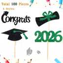Chinco 100 Pack 2026 Graduation Cupcake Toppers Glitter Grad Cap Food Appetizer Picks Cake Caps Party Decorations Diploma Cupcake Picks for Cake Class of 2026 Graduation Party(Black and Green)