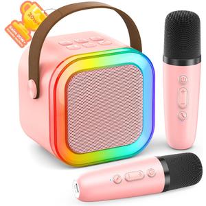 Karaoke Machine for Kids Adults, Portable Bluetooth Mini Karaoke Microphone Singing Speaker with 2 Mic and Light,Toys for All Smartphones,Birthday, Family,Home Party (Pink)