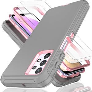 for Galaxy A32 5G Case with Explosion-Proof Film[2 Pack],3 in 1 Shockproof TPU Hard PC Bumper Drop-Proof Shell for Samsung Galaxy A32 5G Lihgt Gray/Pink