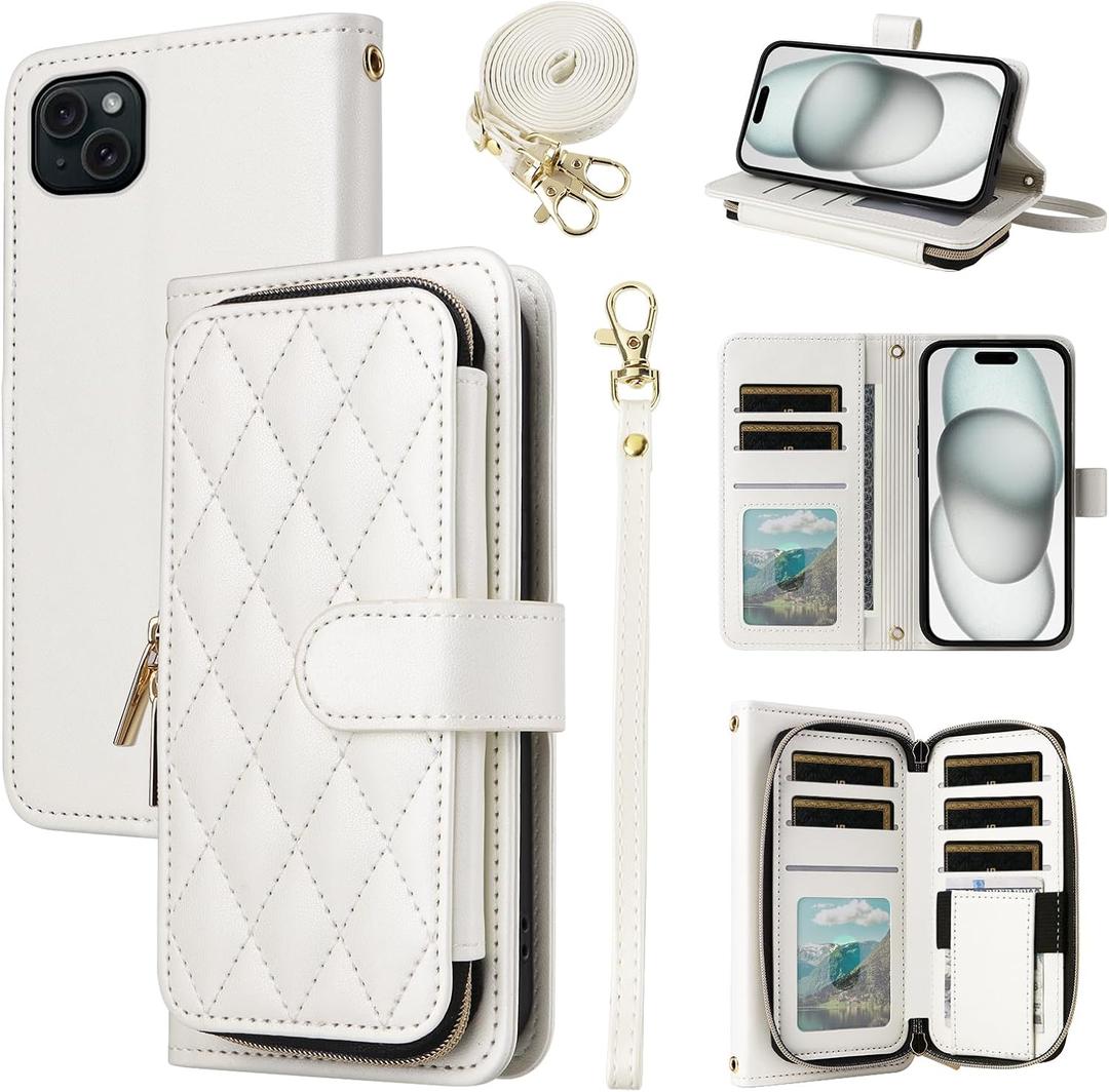 Argyle Wallet Case for iPhone 13 6.1 inch with Wrist Strap Shoulder Strap Flip Zipper Purse, 9+ Card Slot Stand Checkered Cell Phone Cover for iPhone13 5G i i-Phone i13 iPhone13case White