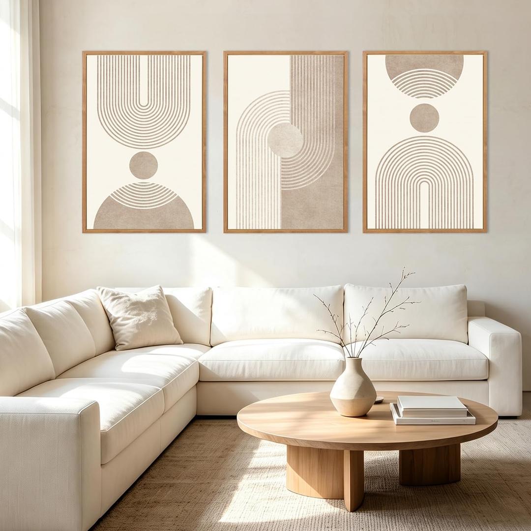 BINCUE Beige Neutral Canvas Wall Art Framed Geometric Abstract Wall Decor Mid Century Modern Artwork Wall Decor for Living Room Bedroom Office 16"x24" Set 3 Gift