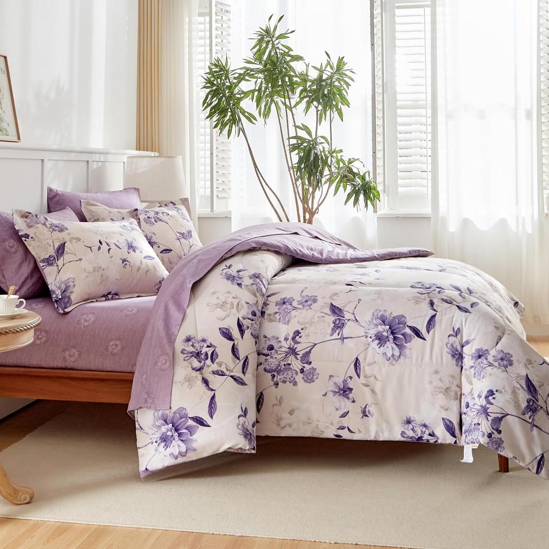 AIKASY 7-Piece Queen Size Bed in a Bag Comforter Set - Lilac Purple Floral Ensemble with Reversible Botanical Flowers Comforter, Sheets, Pillowcases & Shams