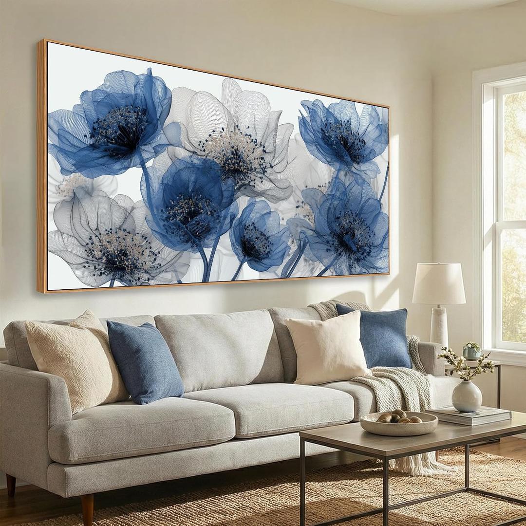 Tucai Decor Blue Floral Abstract Framed Canvas Wall Art 24x48 inch