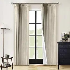 Neutral Pinch Pleated Linen Blackout Curtains 84 Inch Length 2 Panels Insulated Thermal Full Blackout Dual Layer Drapes for Bedroom Living Room Darkening Taupe Pinch Pleat Curtains with Hooks Rings