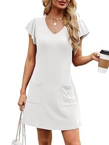 Summer Dresses for Women 2025 Casual V Neck Flutter Short Sleeve Mini Dress Beach T Shirt Sundress with Pockets, M