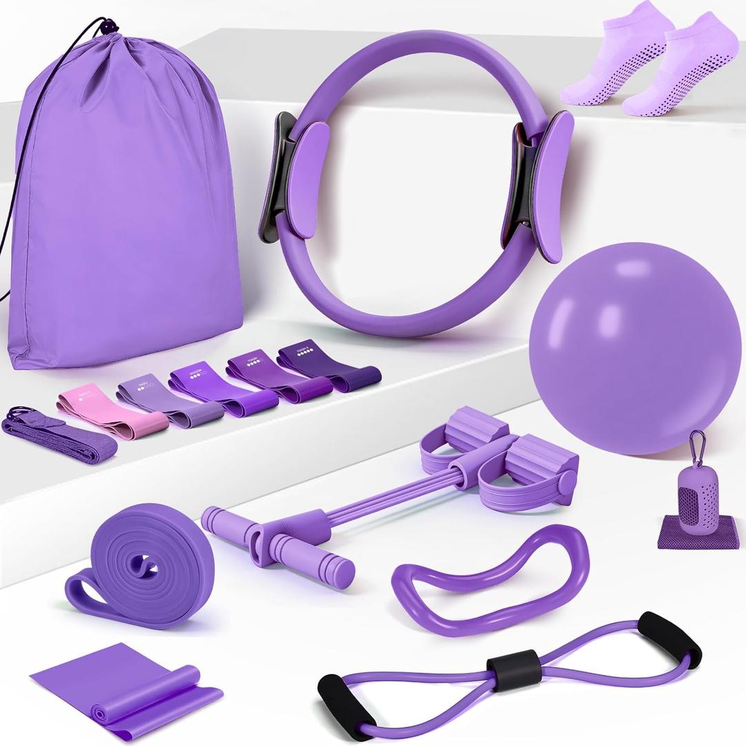 Pilates Essentials Kit for Women 15 Pcs Pilates Equipment for Home Workouts with Yoga Circle Ball Ring, 5 Resistance Bands,Pedal Puller Resistance Band,Anti Slip Socks for Starter Set (Purple)