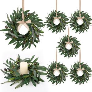 6 Pcs Artificial Spring Olive Wreaths Greenery Wreath with Olive Leaves Mini Green Kitchen Cabinet Wreaths Swag Spring Summer Wreath for Front Door Porch Wall Window Farmhouse Wedding Decoration