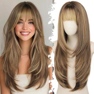 Eawwii Long Brown Blonde Highlight Wig with Bangs for Women 4x4 Realistic Scalp,Free Parting,Layered Hairstyle Synthetic Heat Resistant for Daily Party Use 26 inch