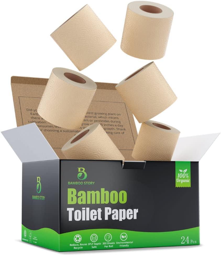 Premium Bamboo Toilet Paper, PFAS Free, Chemical Free Toilet Paper, Unbleached, 3PLY & 300 Sheets, FSC Certified, Organic Brown, Plant-Based, Tree-Free, Plastic Free, BPA Free (Pack of 24)
