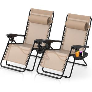Suteck Zero Gravity Chairs Set of 2, Zero Gravity Lounge Chair w/Upgraded Lock, Big Cup Holder and Pillow, Reclining Patio Chairs Folding Recliner for Indoor and Outdoor, Khaki