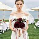 9in Wedding Bouquets for Bride Bridesmaid, Burgundy & White Artificial Roses Flowers Bouquet for Rustic Church Boho Wedding or Centerpieces Decoration
