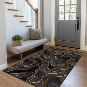 3x5 Area Rug Black Gold Modern Rug for Bathroom Indoor Entryway Machine Washable Abstract Rugs for Bedroom Ultra Soft Dining Room Carpet Non-Slip Non-Shedding Throw Rug for Home Office