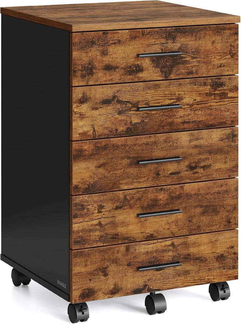 VASAGLE File Cabinet, Mobile Pedestal Filing Cabinet with Wheels, Printer Stand with 5 Drawers, Tool-Free Sliding Rails, for Study, Home Office, Rustic Brown UOFC081KD02