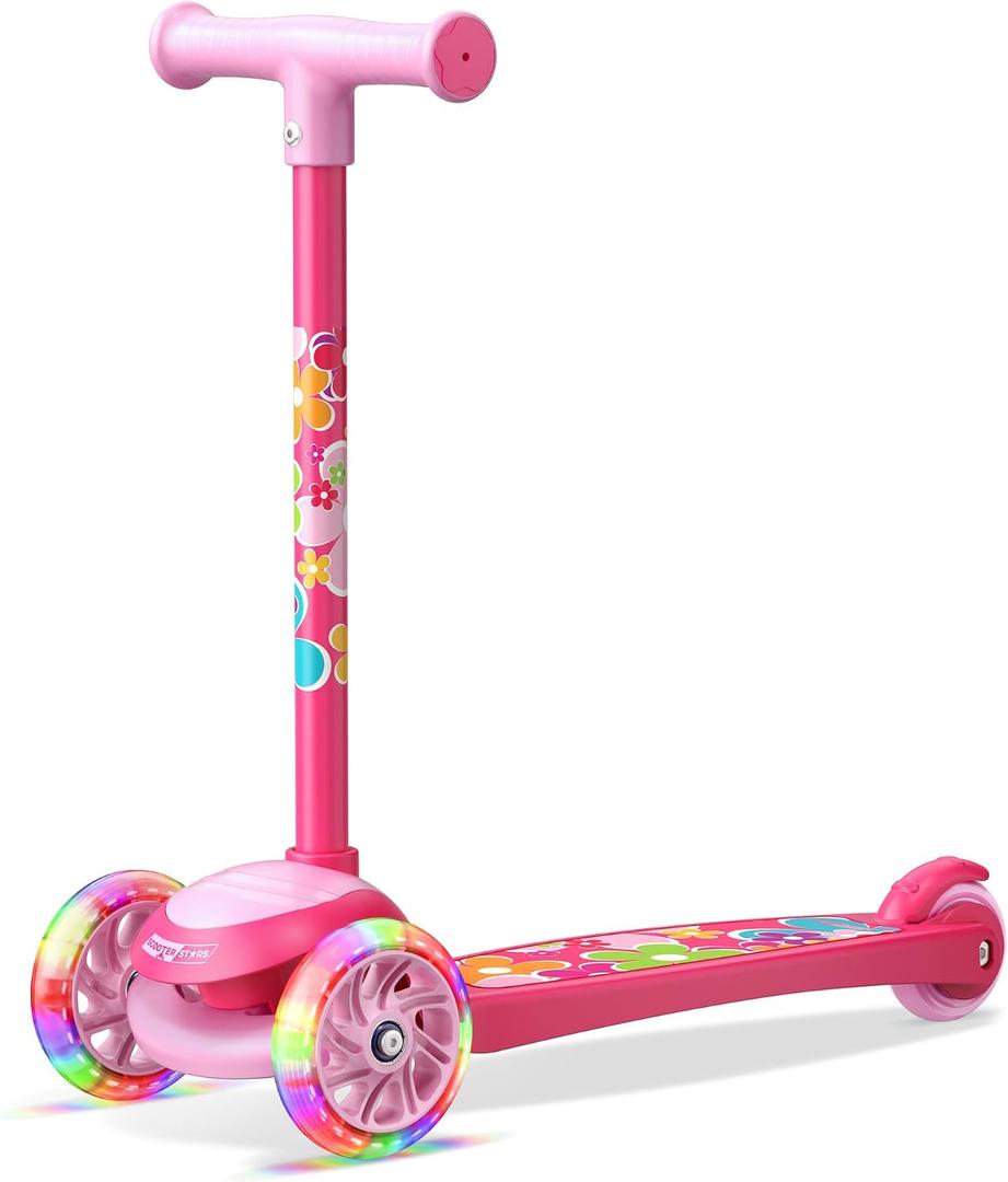 3 Wheel Scooter for Kids, Smooth Light Up LED Front Wheels, Wide Anti Slip Deck, Rear Foot Brake, Easy Lean to Steer Maneuvering, Indoor & Outdoor Ride On Toys for Ages 2 Up, Flower Theme Color