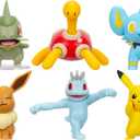 Pokemon Battle Figure Pack – Bundle of 6 Mini Figurines: Pikachu, Axew, Shinx, Eevee, Machop & Shuckle Plus Cards | Pokemon Action Figures for Kids