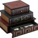 ELLDOO Vintage Decorative Book Box with Three-Layer Drawer, Antique Decorations Wooden Fake Book Jewelry Box Decorative Storage Drawer for Jewelry, Small Items