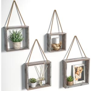 J JACKCUBE DESIGN Wall Decor Floating Hanging Square Shelves Wall Mounted Rustic Wood Cube Display Shelf Shadow Boxes Decorative Boho Home Dcor for Living Room, Bedroom, Office, Set of 4 - MK571A