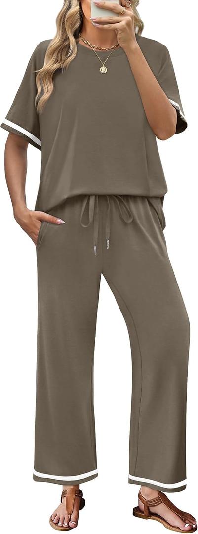 Sampeel Vacation Outfits for Women 2 Piece Sets Crew Neck Summer Lounge Set Womens Loungewear Cruise Airport Outfits Beach Vacation Clothes Wide Leg Pants Resort Comfy Sets for Women Clothing Brown, Large