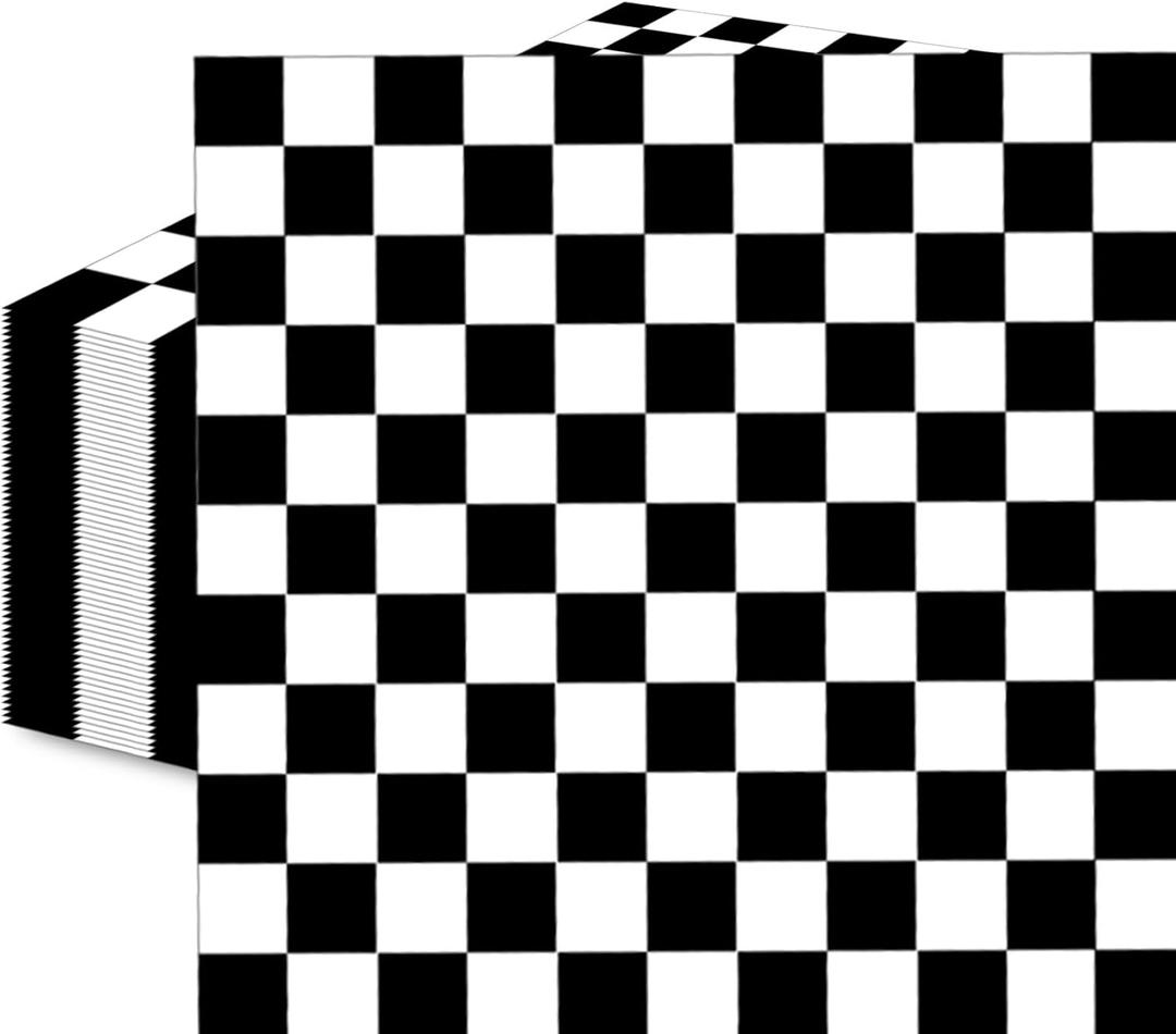 50 Count Black and White Checkered Paper Napkins, Disposable Cocktail Napkins with Racing Theme Checkerboard Design for Race Car Party, Birthday, Baby Shower, and Speed-Themed Table Decorations