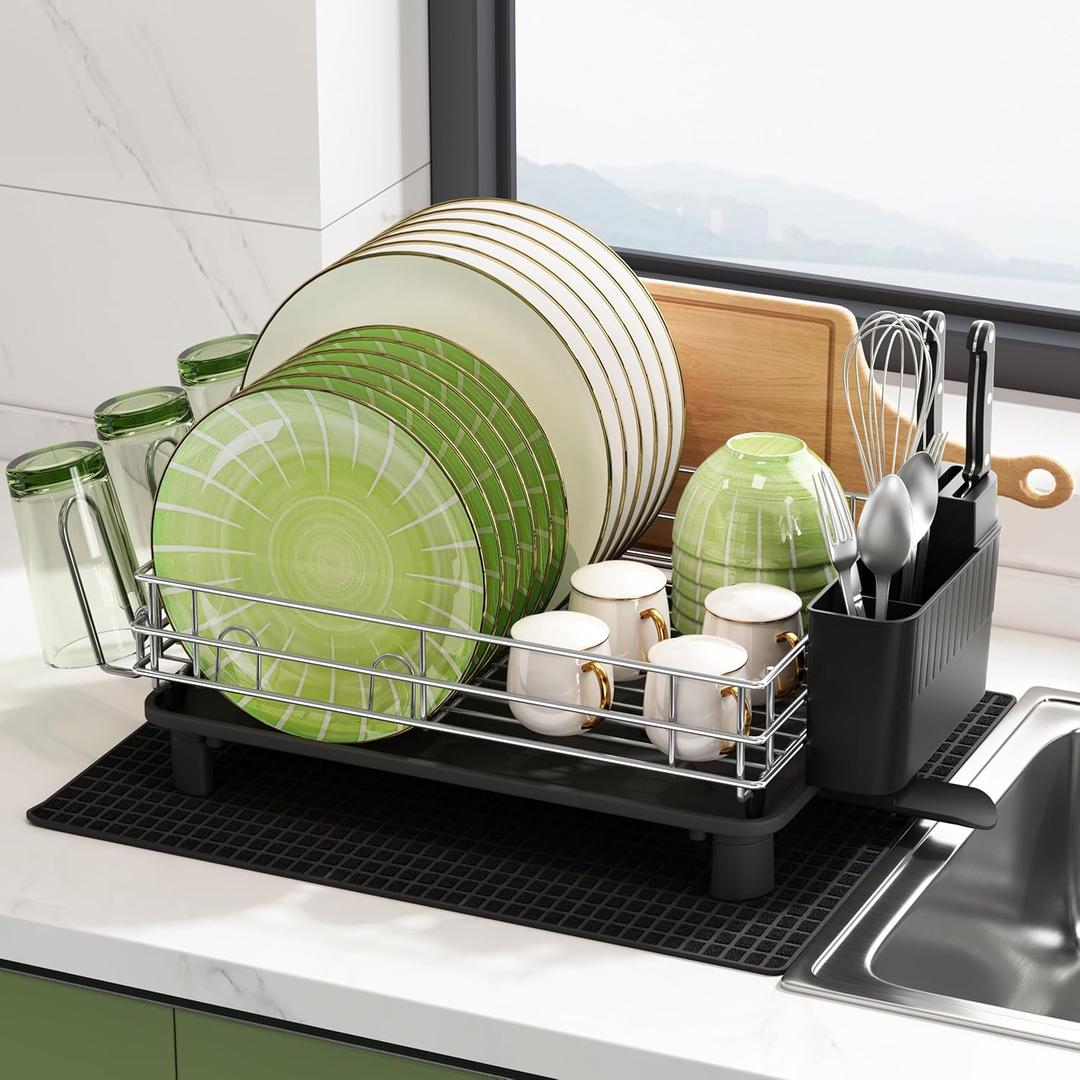 BOOSINY Grey Stainless Steel Dish Drainers Drying Rack for Kitchen Counter with Drainboard, Rust Proof Metal, Space Saving, Modern Aesthetic, Compact Plates Strainers with Extra Mat (Gray)