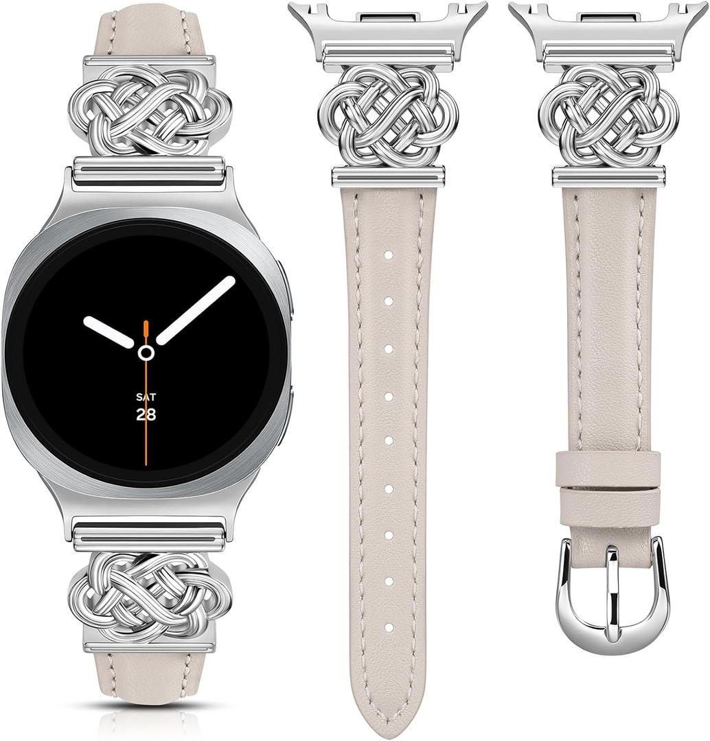 Minyee Celtic Knot Leather Band Compatible with Samsung Galaxy Watch 8 40mm 44mm/ 8 Classic 46mm Band Women, No Gap One-Click Slim Thin Dressy Premium Soft Leather Pretty Designer Adjustable Strap (Starlight/ Silver)