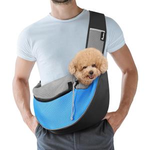 Pawaboo Pet Dog Sling Carrier, Hand Free Drawstring Dog Papoose with Adjustable Strap, Breathable Mesh Bag for Puppy Cat, Crossbody Satchel Dog Purse with Pocket for Outdoor Travel, Light Blue, Medium