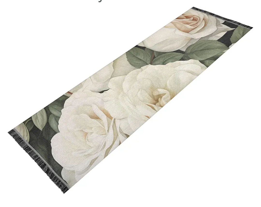 Non Slip Runner Rug Washable Area Rugs Blooming White Rose Carpet for Hallways Kitchen Laundry Room Bedroom