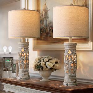 BOBOMOMO 27.25 Rustic Farmhouse Table Lamps Set of 2  Vintage Bedside Lamps with Night Light & USB A+C Ports, Retro Lamps for Bedroom, Living Room, Entryway, Cozy Corner (Bulbs Included) (Distressed Light Wood)
