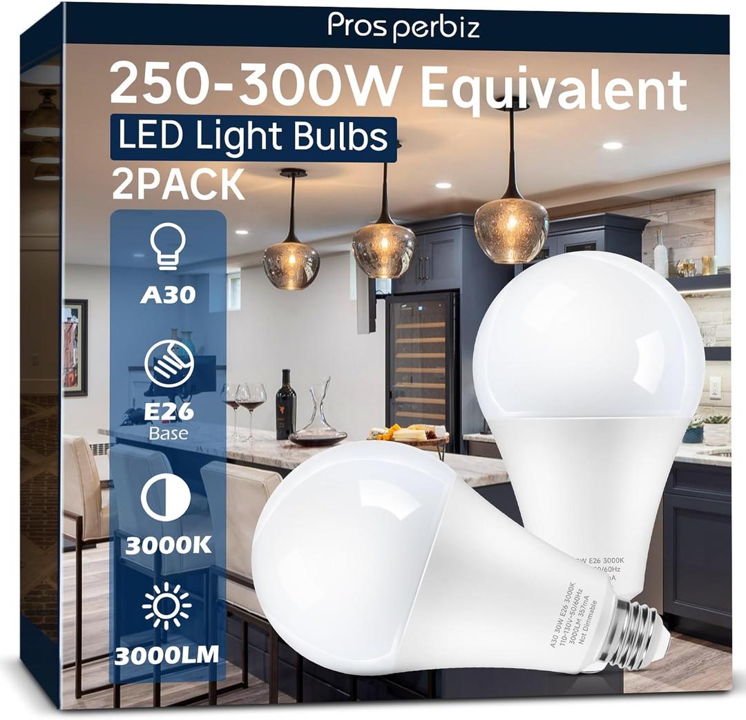 250-300W Equivalent LED Light Bulbs, 3000 Lumens Warm White 3000K 30W A30 LED Bulbs for Garage, Warehouse, Workshop, Commercial, Hotel, Backyard, E26 Base Light Bulb Non-Dimmable, 2-Pack