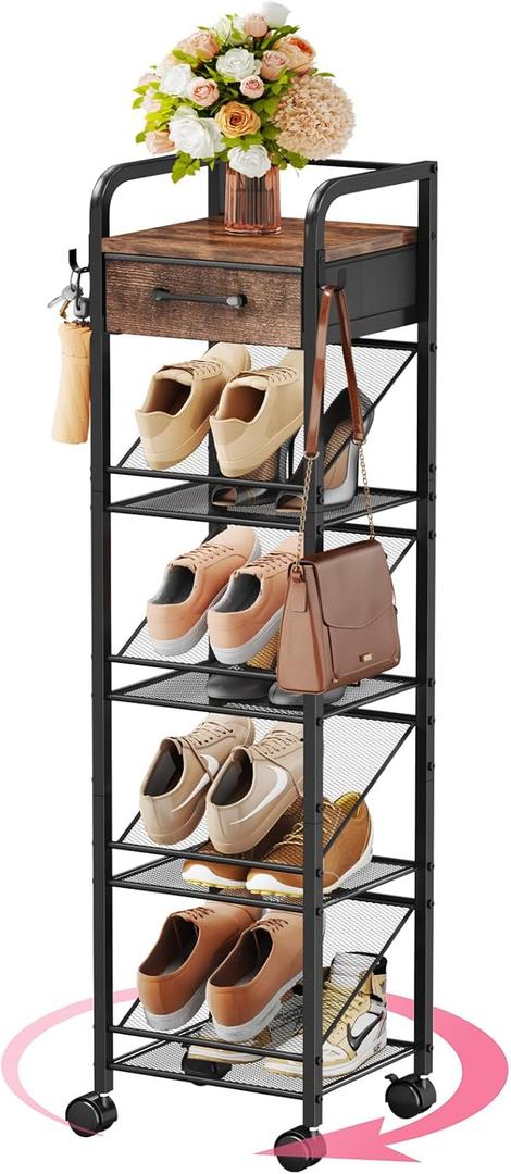 SWTYMIKI Rolling Vertical Shoe Rack - Shoe Tower with Drawer and Hooks, Shoe Storage Organizer for Entryway Closet Bedroom, Space-Saving Wood and Metal Narrow Shoe Shelf, Espresso (9 Tier)