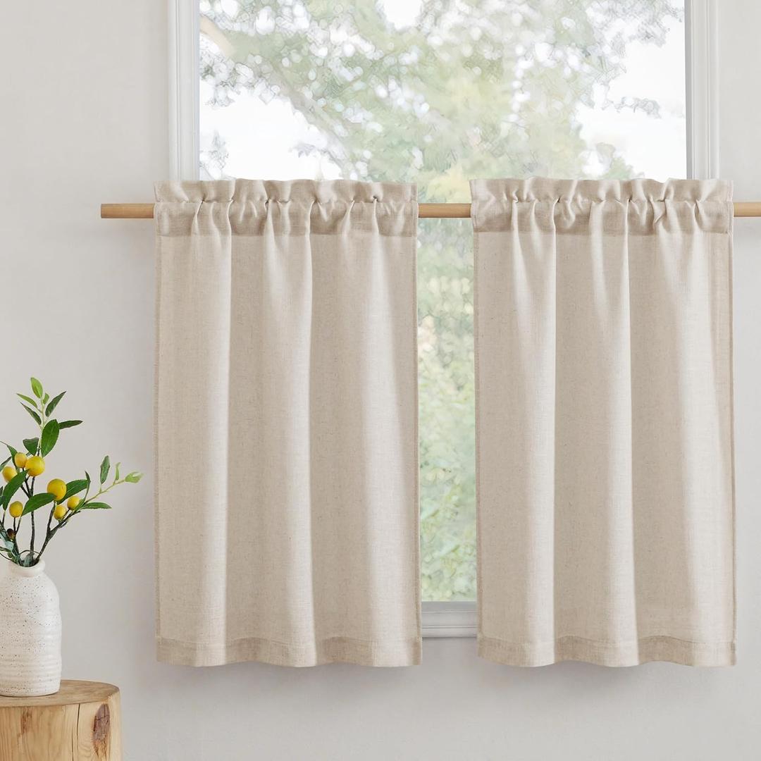 RYB HOME Cafe Curtains 24 inches Length, Linen Sheer Short Curtains for Small Window, Half Privacy Light Filetring Window Tier Valance for Kitchen Bathroom, W 26 x L 24, Beige, 2 Panels Set