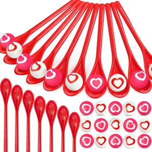48Pcs Valentine Spoon Relay Race Toy Set,Heart Bouncy Balls Spoons Balance Games for Kids Adults Indoor Outdoor Party Supplies,Valentines Day Gift
